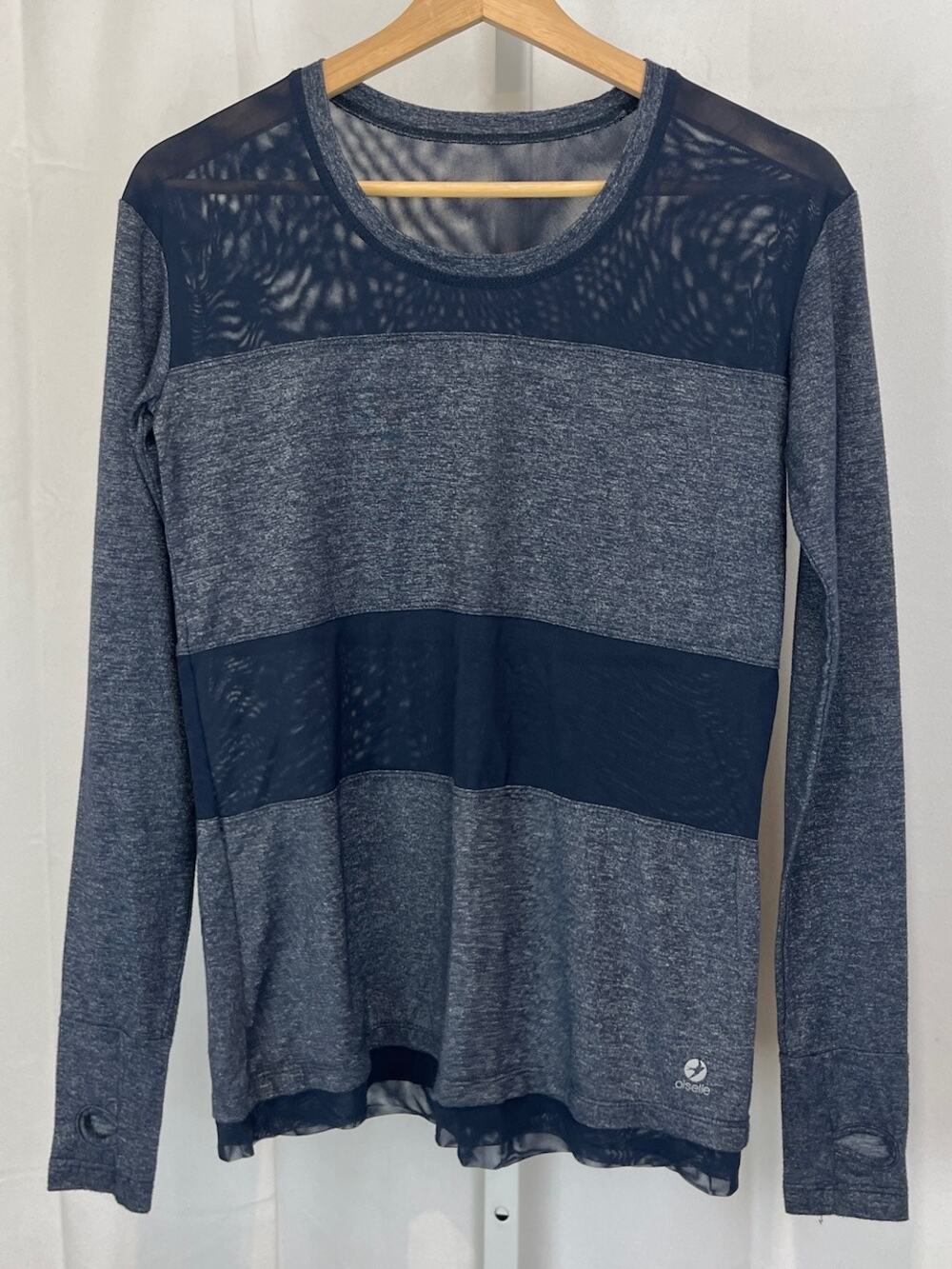 OISELLE Womens Mesh Stripe Long Sleeve Crew Neck Top Pullover Blue Size XS